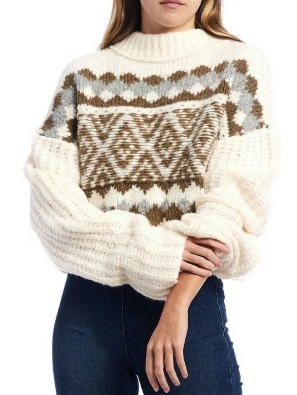 Free People Alpine Crop Mock Neck Sweater in Snowy Forest Fair Isle